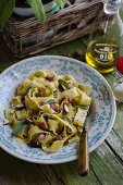 Tagliatelle with hazelnuts, bacon and sage pesto