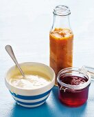 Sweet mustard sauce, peach chutney and cranberry jelly