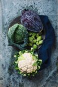 Various types of cabbages on a grey flecked surface
