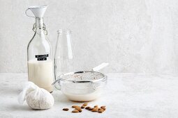 Homemade vegan almond milk with almonds