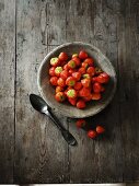 Strawberries in a grey ceramic bowl