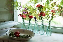 Schale mit Rosamarinzweig und Fläschchen mit Blumen auf Fensterbank