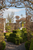 View through doorway in hornbeam hedge to fork in path surrounded by clipped box hedges