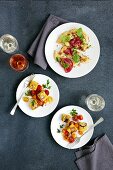 Diced polenta with mushrooms, and focaccia with bresaola and porcini mushrooms