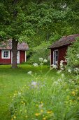 Blick über Wiese auf traditionelle, schwedische Ferienhäuschen