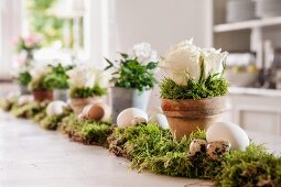 Easter arrangement of eggs and potted plants on bed of moss