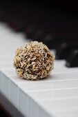 A coconut truffle praline on the keys of a piano