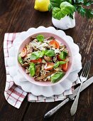 Pasta salad with beef, basil and tomatoes