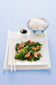 Stir fried spinach, sugar snap peas, and chicken (Asia)