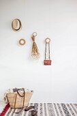 Shopping basket in cloakroom made from round wooden discs