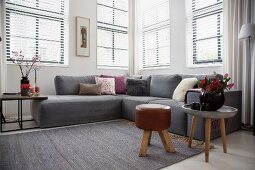 Grey sofa and side tables in Scandinavian livng room