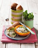 Chicken salad with mayonnaise and watercress in sesame seed buns