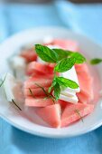 Watermelon with feta cheese and mint