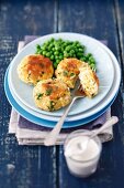 Egg puffers with peas and a horseradish cream sauce