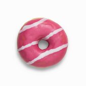 A pink strawberry doughnut filled with strawberry jam