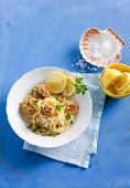 Linguine with scallops and a cheese crust