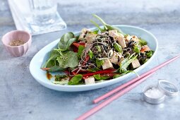 Soba noodle salad with tofu, nori and young spinach