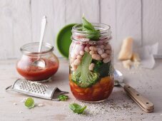Tomato soup with broccoli in a jar