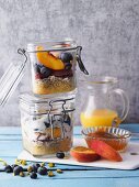 Peach and blueberry muesli with bulgur in jars