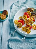 Grilled potato, peppers and mushrooms and skewers