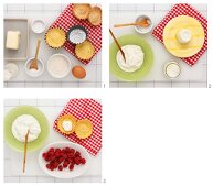 A tartlet with yoghurt cream and fresh raspberries being made