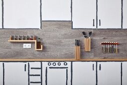 DIY wooden shelves and containers in kitchen