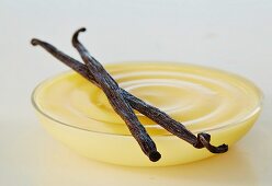 A bowl of vanilla pudding garnished with two vanilla pods