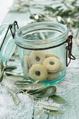 Jam sandwich biscuits in an old flip-top jar with olive sprigs and snow