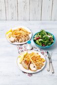 Grilled chicken fillet with chips and a salad
