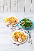 Gegrilltes Hühnerfilet mit Pommes Frites und Blattsalat