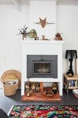 White tiled oven in eclectic living room