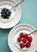 Vanillejoghurt mit Himbeeren und Heidelbeeren auf blauem gemusterten Hintergrund