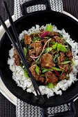 Donburi beef with Chinese cabbage, spring onions and rice (Japan)