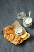 Battered fish with a yoghurt and herb sauce