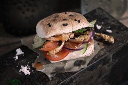 An insect burger with crickets