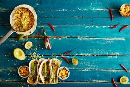 Soft shell tacos with grilled sweet corn, spicy black eye beans, cashew nut cream and a pineapple and chilli salsa (Mexico)