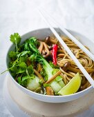 Oriental noodle soup with shimeji mushrooms and bok choy