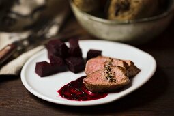 Saddle of lamb with beetroot
