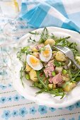 Tuna fish salad with eggs, potatoes and soya beans
