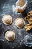 Uncooked ravioloni filled with vegetable cream and egg yolk plus ingredients