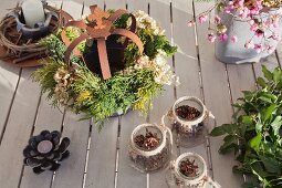 Winter arrangement on terrace table