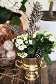White Kalanchoe and spotted feathers in metal urn