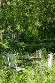 Vintage Gartentisch und Stühle in eingewachsenem Garten