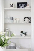 Black and white crockery and cacti on shelves in niche