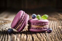 Blueberry macaroons on a wooden table
