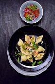 Shell pasta with sage and a tomato salad