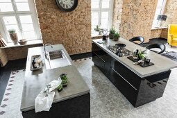 Kitchen islands with polished concrete work surfaces over black cupboards with cement floor tiles in a retro pattern
