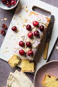 Cherry cake with icing sugar, fresh cherries and flaked almonds, sliced (seen from above)