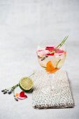 Water flavoured with apricots, lavender, lime and rose petals