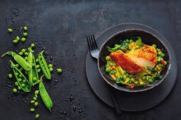 Corn-fed chicken breast and pea curry with bok choy